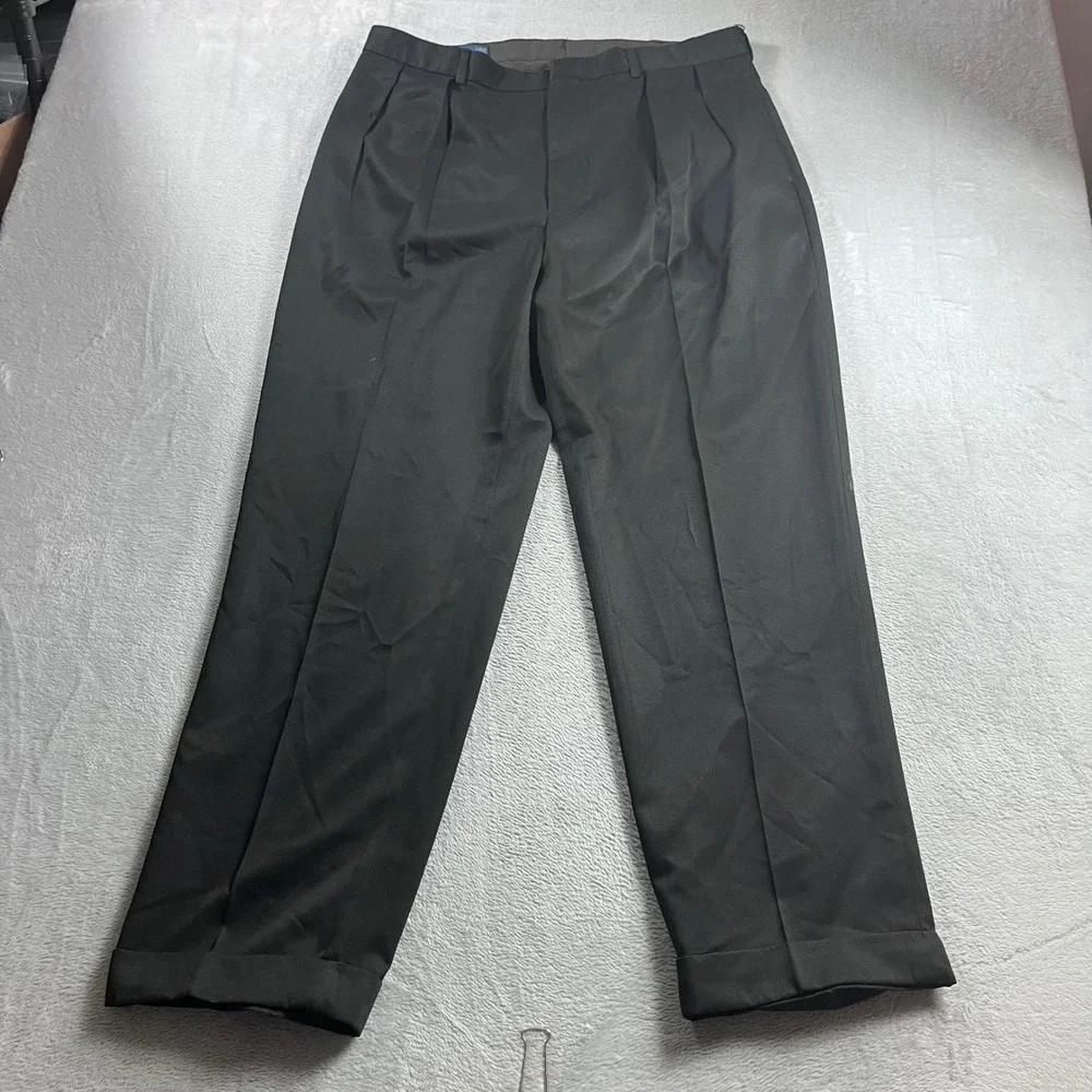 Polo Ralph Lauren Men Black Pleated Cuffed Dress Pants 38/30 Polyester